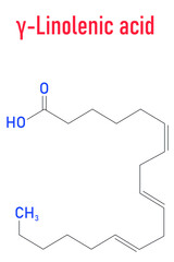 Gamma-linolenic acid (γ-linolenic acid, GLA, gamolenic acid) molecule. Omega-6 fatty acid present in many vegetable oils, including evening primrose, chia, hemp and borage seed oils. Skeletal formula.