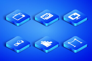 Set Rope barrier, Retro tv, Camera film roll cartridge, Media projector, Hd movie, tape, frame and and location icon. Vector