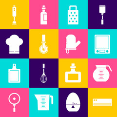 Set Air conditioner, Coffee pot, Electronic scales, Grater, Pizza knife, Chef hat, Blender and Oven glove icon. Vector