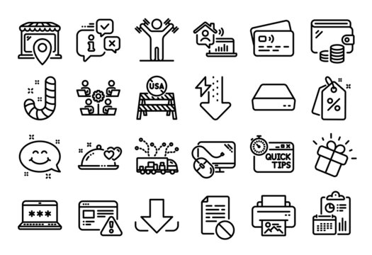 Vector set of Dumbbells workout, Wrong file and Truck delivery line icons set. Calendar report, Money wallet and Credit card tag. Discount tags, Computer mouse and Market location icons. Vector