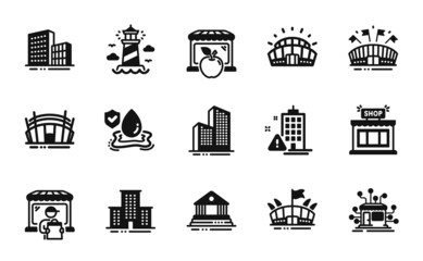 Vector set of Court building, Market and Distribution icons simple set. Lighthouse, Buildings and Arena stadium icons. Building warning, Skyscraper buildings and Shop signs. Vector