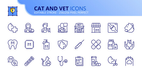 Simple set of outline icons about cats and vet. Pets.