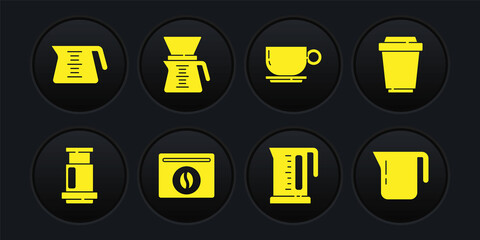 Set Aeropress coffee, Coffee cup to go, Bag beans, Electric kettle, Pour over maker, pot and icon. Vector