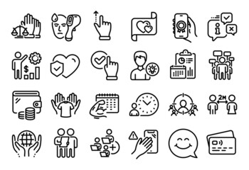 Vector set of Social distancing, Person idea and Smile face line icons set. Calendar report, Money wallet and Credit card tag. Electronic thermometer, Fitness calendar and Love letter icons. Vector