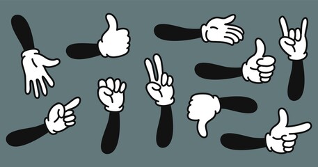Cartoon hands. Hand drawn gloved arms. Vector doodle gesture and comic funny pointing with finger