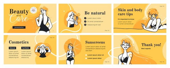 Presentation and slide layout background. Design template with beautiful girls making body care procedures. Use for flyer, marketing, leaflet, advertising, brochure. Vector