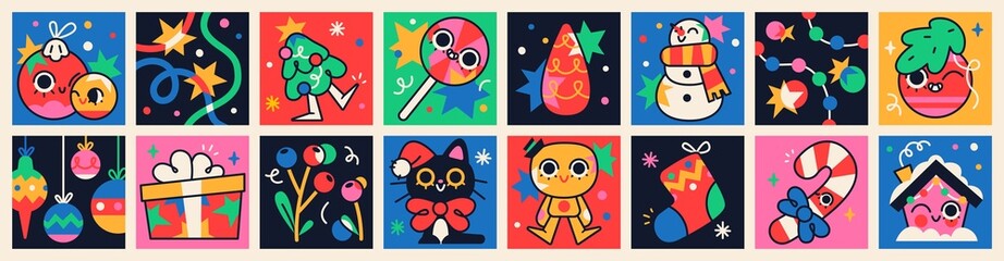 Set of Cute Merry Christmas and Happy New Year Illustrations. Festive christmas characters and objects