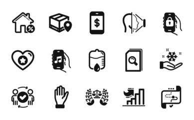 Vector set of Justice scales, Face id and Target path icons simple set. Parcel tracking, Approved teamwork and Hand icons. Smartphone payment, Locked app and Drop counter signs. Vector