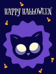 farbige Karte für Halloween mit Bild einer Katze bzw Figur und Schriftzug