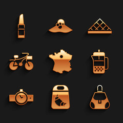 Set Map of France, Croissant package, Handbag, French press, Wrist watch, Bicycle, Louvre museum and Lipstick icon. Vector