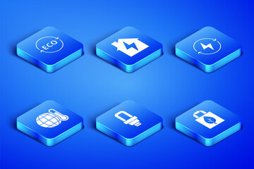 Set Shopping bag with recycle, Label for eco healthy food, LED light bulb, Global warming, House and lightning and Lightning bolt icon. Vector