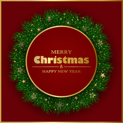 Merry Christmas and Happy New Year greeting card. Christmas tree branches, gold decor and confetti on red background.