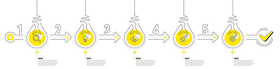 Lightbulb journey path infographics. Business Infographic timeline with 5 steps. Workflow process diagram with Research Idea, Working, Startup rocket and Goal target line icons. Vector
