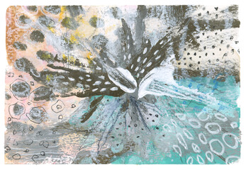 Art Watercolor and Acrylic smear blot with pencil, oil pastel doodle scribble elements. Interior...