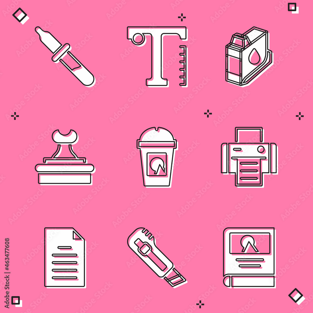 Sticker Set Pipette, Text, Printer ink cartridge, Stamp, Coffee cup to go, File document and Stationery knife icon. Vector