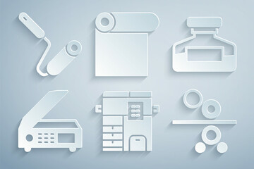 Fototapeta na wymiar Set Copy machine, Ink bottle, Scanner, Paper roll of printing press, Roll paper and Paint roller brush icon. Vector