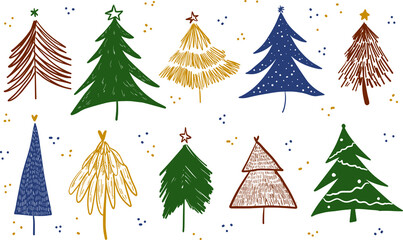 Set of Christmas trees boho colors. Vector isolated colorful icons collection