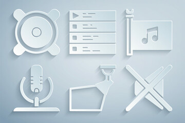 Set Movie spotlight, Music festival flag, Microphone, Speaker mute, playlist and Stereo speaker icon. Vector