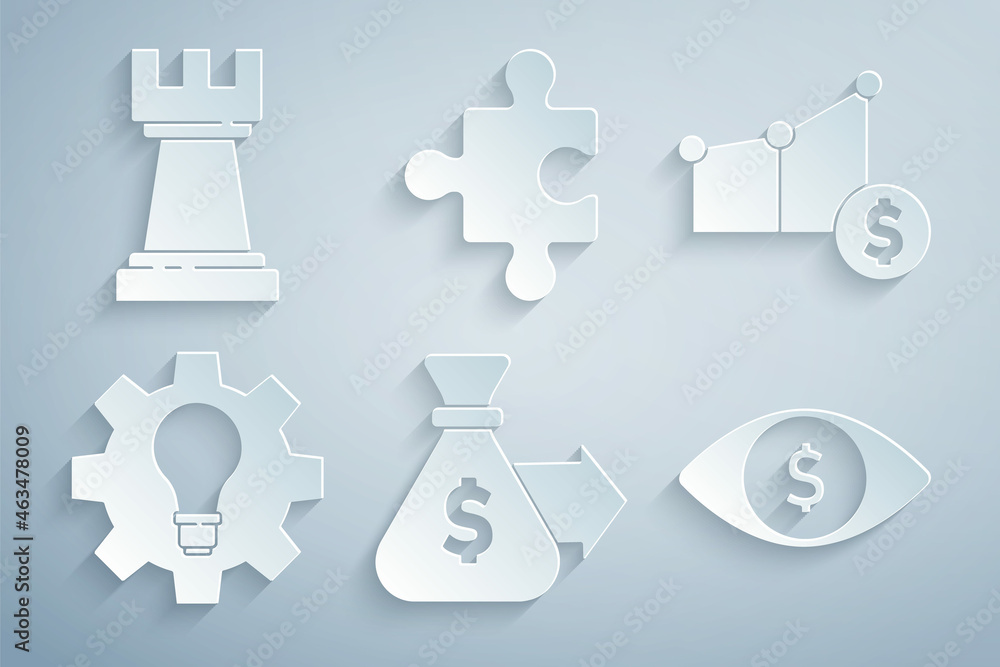 Sticker Set Money bag, Pie chart and dollar, Light bulb gear, Eye with, Piece of puzzle and Chess icon. Vector