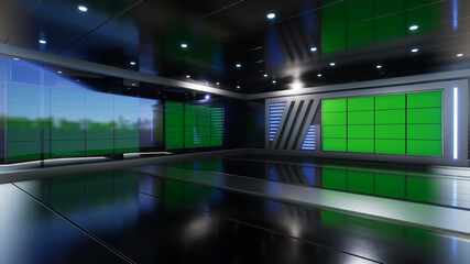 3D Virtual TV Studio News with green screen, 3D Rendering