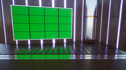 3D Virtual TV Studio News with green screen, 3D Rendering