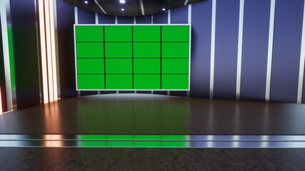 3D Virtual TV Studio News with green screen, 3D Rendering