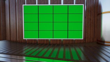 3D Virtual TV Studio News with green screen, 3D Rendering