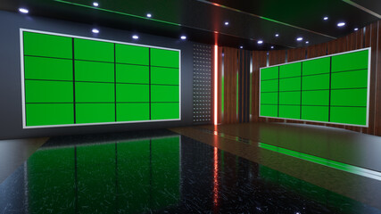 3D Virtual TV Studio News with green screen, 3D Rendering