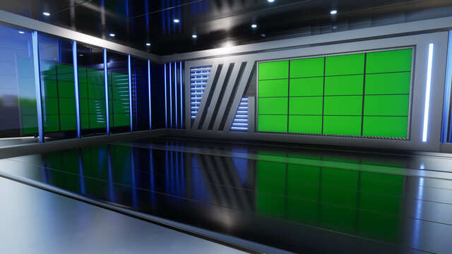 3D Virtual TV Studio News with green screen, 3D Rendering