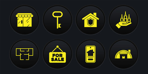 Set House plan, Skyscraper, Hanging sign with For Sale, Online real estate house, shield, key, Warehouse and Market store icon. Vector