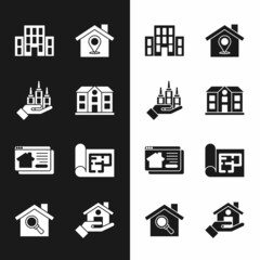 Set House, Skyscraper, Location with house, Online real estate, plan, Realtor and Search icon. Vector