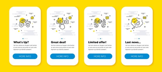 Vector set of Correct checkbox, Justice scales and Tractor line icons set. UI phone app screens with line icons. Ranking stars icon. Answer, Judgement, Farm transport. Winner award. Vector