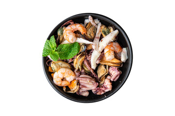 seafood fresh mix shrimp, squid, mussel, rapan, octopus portion ready to eat meal snack on the table copy space food background 