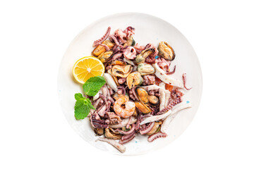 seafood fresh mix shrimp, squid, mussel, rapan, octopus portion ready to eat meal snack on the table copy space food background 