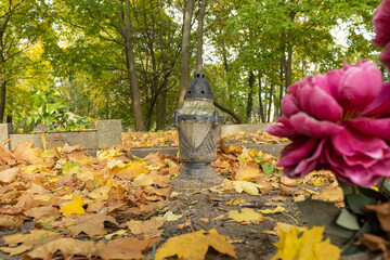 znicz i kwiat na cmentarzu