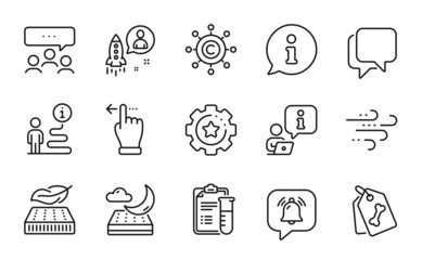 Business icons set. Included icon as Pet tags, Touchscreen gesture, Meeting signs. Copywriting network, Medical analyzes, Startup symbols. Night mattress, Notification bubble, Talk bubble. Vector
