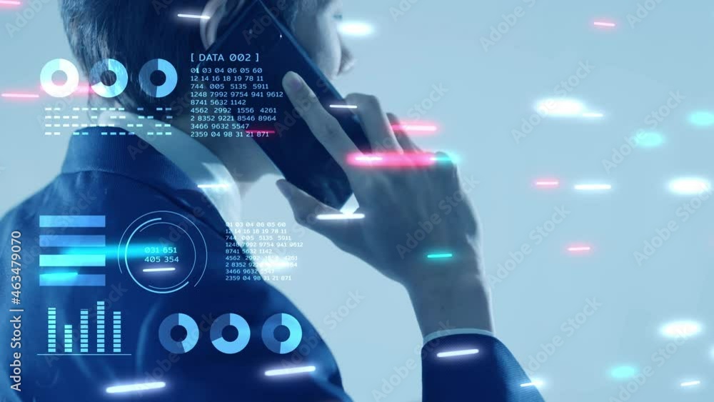 Poster business man talking on mobile phone futuristic interface data analytic graph chart background, fina