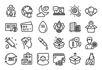 Vector set of Chemistry pipette, Help and Hot water line icons set. Calendar report, Money wallet and Credit card tag. Support, Full rotation and Package location icons. Vector