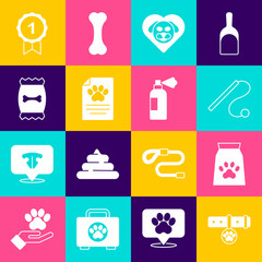 Set Collar with name tag, Bag of food for pet, Pet cat toy, Heart dog, Clinical record, Dog award symbol and shampoo icon. Vector