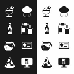 Set Online ordering and delivery, Wine bottle, Ice cream bowl, Cupcake, Coffee pot, Cafe restaurant location and Slice pizza icon. Vector
