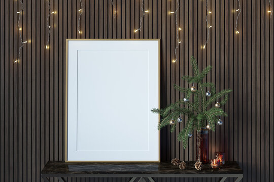 Close-up of a blank vertical poster near a decorated Christmas tree branch in a vase, pine cones, and burning candles on a marble console near a wall of wooden planks with a festive garland. 3d render