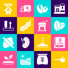 Set Measuring cup with flour, Book about seeds, Coffee beans, Pistachio nuts, Green peas, Wheat, Windmill and Manual coffee grinder icon. Vector