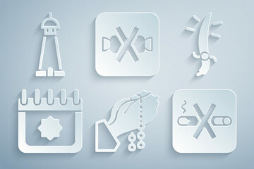 Set Hands in praying position, Arabian saber, Ramadan calendar, No Smoking, sweets and Mosque tower or minaret icon. Vector