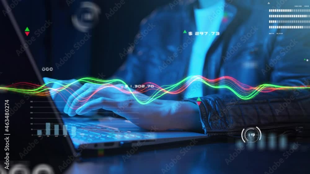 Poster business man using computer hand close up graph chart investment decentralized finance business data