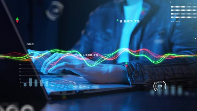 Business man using computer hand close up graph chart investment decentralized finance business data analytics online network metaverse digital world technology future finance concept