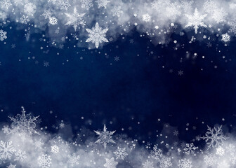 Fototapeta na wymiar Snow background. Blue Christmas snowfall with defocused flakes and swirls. Winter concept with falling snow. Holiday texture and white snowflakes