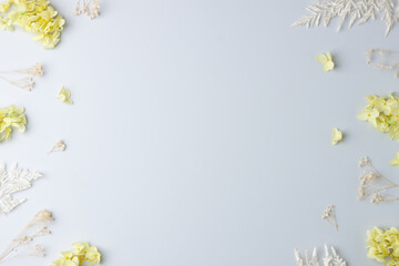 Cosmetic background with flowers on grey. Flat lay, copy space