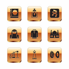 Set Holy book of Koran, Oil pump pump jack, Mosque tower minaret, Shirt kurta, Muslim woman niqab, Speaker mute, Date fruit and Perfume icon. Vector