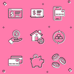 Set Online banking with dollar, Laptop, Mobile, Hand giving money, House percant discount, Gold bars, Credit card and Piggy icon. Vector