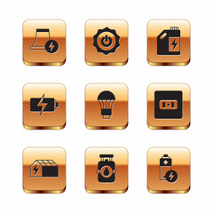 Set Nuclear power plant, Solar energy panel, Propane gas tank, LED light bulb, Battery, Eco fuel canister, and Power button icon. Vector